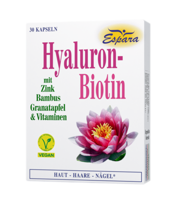 Sie sehen eine Packung Espara Hyaluron-Biotin Kapseln, Produktbild: 01 Espara Hyaluron-Biotin Kapseln, A-Nr.: 4039890 - 01