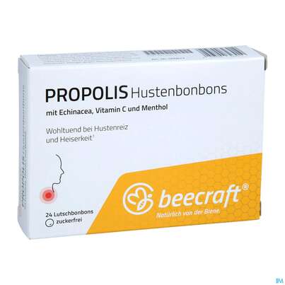 Sie sehen eine Packung Propolis Hustenbonbons Beecraft Nr 62 24st, Produktbild: 03 Propolis Hustenbonbons Beecraft Nr 62 24st, A-Nr.: 5715488 - 03