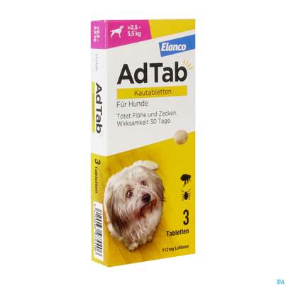 Sie sehen eine Packung Adtab F Hunde Kautabl 112mg (2,5-5,5kg) 3st, Produktbild: 02 Adtab F Hunde Kautabl 112mg (2,5-5,5kg) 3st, A-Nr.: 5530599 - 02
