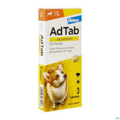 Sie sehen eine Packung Adtab F Hunde Kautabl 225mg (5,5-11kg) 3st, Produktbild: 02 Adtab F Hunde Kautabl 225mg (5,5-11kg) 3st, A-Nr.: 5530607 - 02