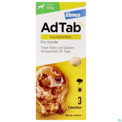 Sie sehen eine Packung Adtab F Hunde Kautabl 450mg (11-22kg) 3st, Produktbild: 01 Adtab F Hunde Kautabl 450mg (11-22kg) 3st, A-Nr.: 5530613 - 01