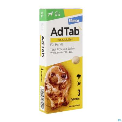 Sie sehen eine Packung Adtab F Hunde Kautabl 450mg (11-22kg) 3st, Produktbild: 02 Adtab F Hunde Kautabl 450mg (11-22kg) 3st, A-Nr.: 5530613 - 02
