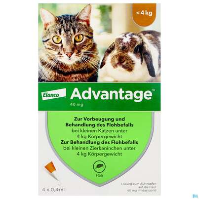 Sie sehen eine Packung Advantage lösung Z Auftragen Auf D.haut F Katzen U Zierkaninchen 40mg Kl.0,4ml Bis 4kg 4st, Produktbild: 01 Advantage lösung Z Auftragen Auf D.haut F Katzen U Zierkaninchen 40mg Kl.0,4ml Bis 4kg 4st, A-Nr.: 4472285 - 01