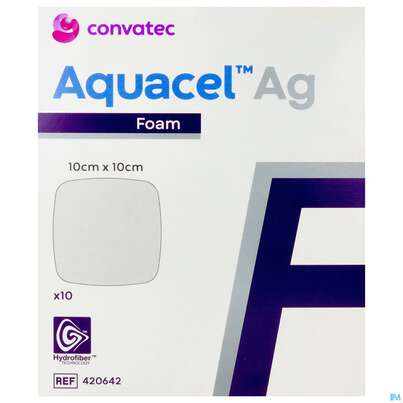 Sie sehen eine Packung Convatec Aquacel Ag Foam 10x10 Cm, Produktbild: 01 Convatec Aquacel Ag Foam 10x10 Cm, A-Nr.: 4154102 - 01