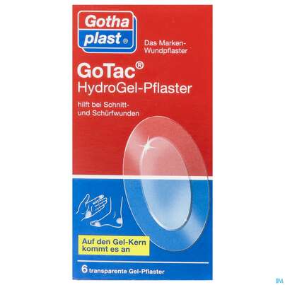 Sie sehen eine Packung Gotac Hydrogel-pflaster Wasserabweisend Transp. 6st, Produktbild: 01 Gotac Hydrogel-pflaster Wasserabweisend Transp. 6st, A-Nr.: 3425993 - 01