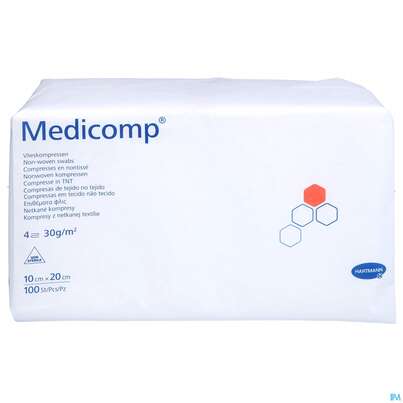 Sie sehen eine Packung Kompressen Medicomp Vliesstoff 4fach Unsteril 10x 20cm 100st, Produktbild: 01 Kompressen Medicomp Vliesstoff 4fach Unsteril 10x 20cm 100st, A-Nr.: 1652058 - 01