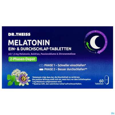 Sie sehen eine Packung Melatonin Tabl Ein +durchschlaf Dr.theiss 60st, Produktbild: 01 Melatonin Tabl Ein +durchschlaf Dr.theiss 60st, A-Nr.: 5800343 - 01