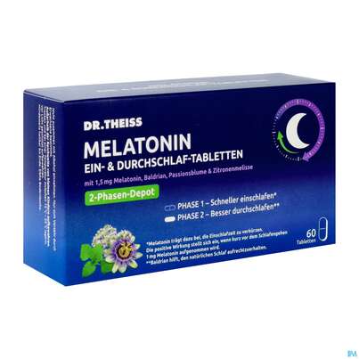 Sie sehen eine Packung Melatonin Tabl Ein +durchschlaf Dr.theiss 60st, Produktbild: 02 Melatonin Tabl Ein +durchschlaf Dr.theiss 60st, A-Nr.: 5800343 - 02