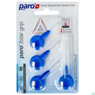 Sie sehen eine Packung Paro 3star Grip Im Blister X-fine Blau 3,5mm 4st, Produktbild: 01 Paro 3star Grip Im Blister X-fine Blau 3,5mm 4st, A-Nr.: 3323353 - 01