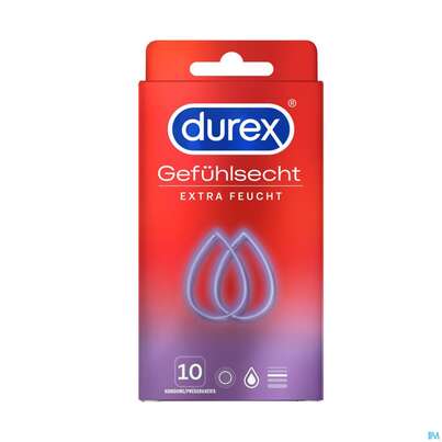 Sie sehen eine Packung Praeservative Durex Latexkondome Gefuehlsecht Extra Feucht 10st, Produktbild: 01 Praeservative Durex Latexkondome Gefuehlsecht Extra Feucht 10st, A-Nr.: 4266574 - 01