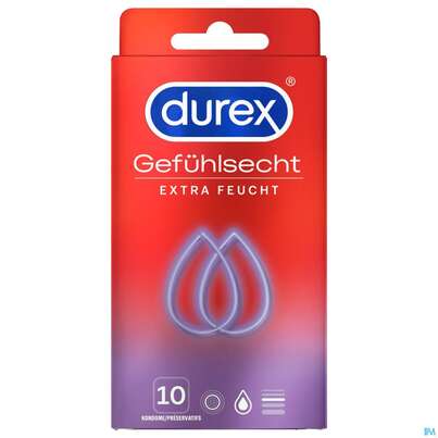 Sie sehen eine Packung Praeservative Durex Latexkondome Gefuehlsecht Extra Feucht 10st, Produktbild: 02 Praeservative Durex Latexkondome Gefuehlsecht Extra Feucht 10st, A-Nr.: 4266574 - 02