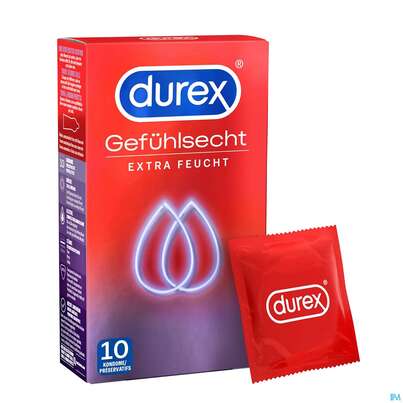 Sie sehen eine Packung Praeservative Durex Latexkondome Gefuehlsecht Extra Feucht 10st, Produktbild: 04 Praeservative Durex Latexkondome Gefuehlsecht Extra Feucht 10st, A-Nr.: 4266574 - 04