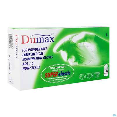 Sie sehen eine Packung Untersuchungshandschuhe -dumax Latex Puderfrei L 100st, Produktbild: 02 Untersuchungshandschuhe -dumax Latex Puderfrei L 100st, A-Nr.: 2995464 - 02