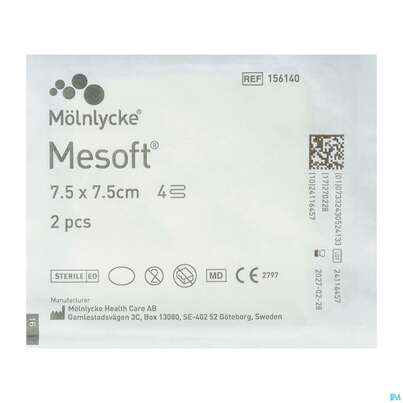 Sie sehen eine Packung Vlieskompressen Mesoft/set Steril 7,5x 7,5cm 2st, Produktbild: 02 Vlieskompressen Mesoft/set Steril 7,5x 7,5cm 2st, A-Nr.: 1652288 - 02