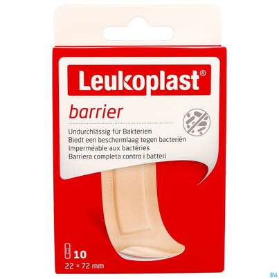 Sie sehen eine Packung Wundpflaster Leukoplast/barrier Wasserabweisend 22x72mm 10st, Produktbild: 01 Wundpflaster Leukoplast/barrier Wasserabweisend 22x72mm 10st, A-Nr.: 4368671 - 01