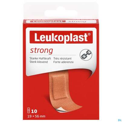 Sie sehen eine Packung Wundpflaster Leukoplast/strong 19x56mm 7322012 10st, Produktbild: 01 Wundpflaster Leukoplast/strong 19x56mm 7322012 10st, A-Nr.: 4369050 - 01