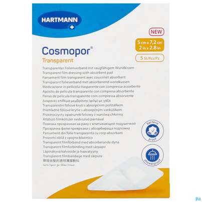 Sie sehen eine Packung Wundverband Cosmopor Transparent 5x 7,2cm 5st, Produktbild: 01 Wundverband Cosmopor Transparent 5x 7,2cm 5st, A-Nr.: 5789989 - 01