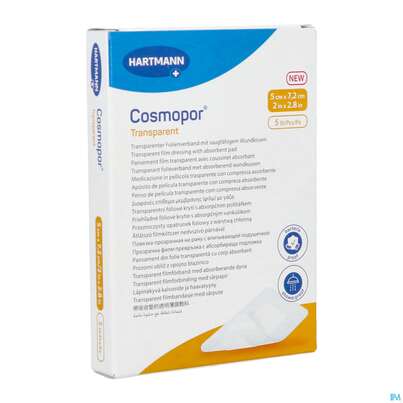 Sie sehen eine Packung Wundverband Cosmopor Transparent 5x 7,2cm 5st, Produktbild: 02 Wundverband Cosmopor Transparent 5x 7,2cm 5st, A-Nr.: 5789989 - 02