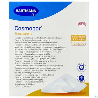 Sie sehen eine Packung Wundverband Cosmopor Transparent 9x10cm 5st, Produktbild: 01 Wundverband Cosmopor Transparent 9x10cm 5st, A-Nr.: 5790001 - 01