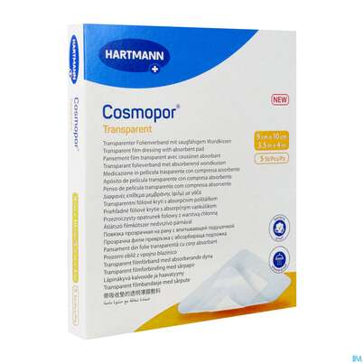 Sie sehen eine Packung Wundverband Cosmopor Transparent 9x10cm 5st, Produktbild: 02 Wundverband Cosmopor Transparent 9x10cm 5st, A-Nr.: 5790001 - 02