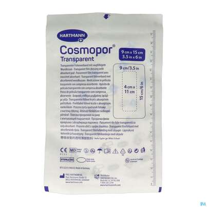 Sie sehen eine Packung Wundverband Cosmopor Transparent 9x15cm 5st, Produktbild: 03 Wundverband Cosmopor Transparent 9x15cm 5st, A-Nr.: 5790024 - 03
