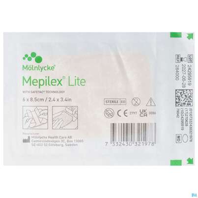 Sie sehen eine Packung Wundverband Mepilex Silikon Lite 6x 8,5cm 1st, Produktbild: 01 Wundverband Mepilex Silikon Lite 6x 8,5cm 1st, A-Nr.: 2829872 - 01