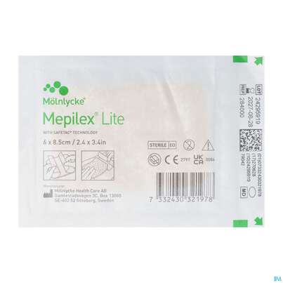 Sie sehen eine Packung Wundverband Mepilex Silikon Lite 6x 8,5cm 1st, Produktbild: 02 Wundverband Mepilex Silikon Lite 6x 8,5cm 1st, A-Nr.: 2829872 - 02
