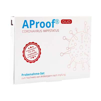 Sie sehen eine Packung AProof® Coronavirus Impfstatus Test DUO, Produktbild: 01 AProof® Coronavirus Impfstatus Test DUO, A-Nr.: 5452511 - 01