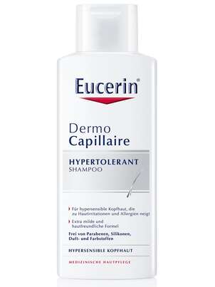 Sie sehen eine Packung Eucerin DermoCapillaire Shampoo Hypotolerant, Produktbild: 01 Eucerin DermoCapillaire Shampoo Hypotolerant, A-Nr.: 3949207 - 01