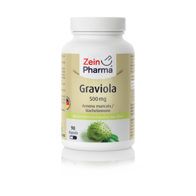 Sie sehen eine Packung Zeinpharma Graviola 500 mg Kapseln, Produktbild: 01 Zeinpharma Graviola 500 mg Kapseln, A-Nr.: 4358388 - 01