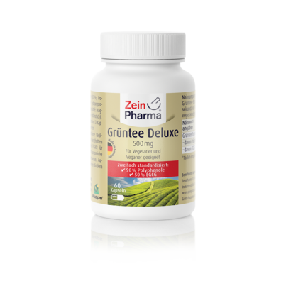 Sie sehen eine Packung Zeinpharma Gruentee Deluxe Kapseln, Produktbild: 01 Zeinpharma Gruentee Deluxe Kapseln, A-Nr.: 4159890 - 01