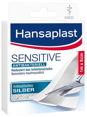 Sie sehen eine Packung Hansaplast Sensitive MED antibakteriell 1m x 8cm, Produktbild: 01 Hansaplast Sensitive MED antibakteriell 1m x 8cm, A-Nr.: 4174180 - 01