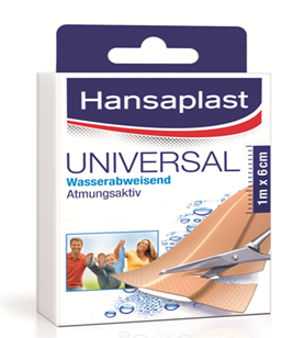 Sie sehen eine Packung Hansaplast Universal wasserabweisend 1m x 6cm, Produktbild: 01 Hansaplast Universal wasserabweisend 1m x 6cm, A-Nr.: 2404701 - 01