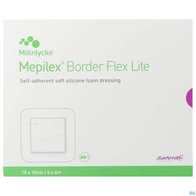 Sie sehen eine Packung Wundverband Mepilex Silikon Border/flex/lite 15x 15cm 5st, Produktbild: 01 Wundverband Mepilex Silikon Border/flex/lite 15x 15cm 5st, A-Nr.: 3067884 - 01