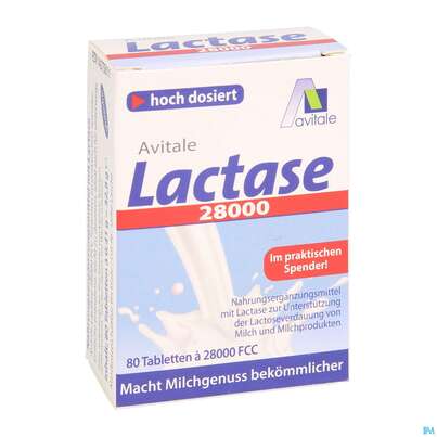 Sie sehen eine Packung Lactase Tabl 28.000 Fcc 80st, Produktbild: 03 Lactase Tabl 28.000 Fcc 80st, A-Nr.: 5296264 - 03