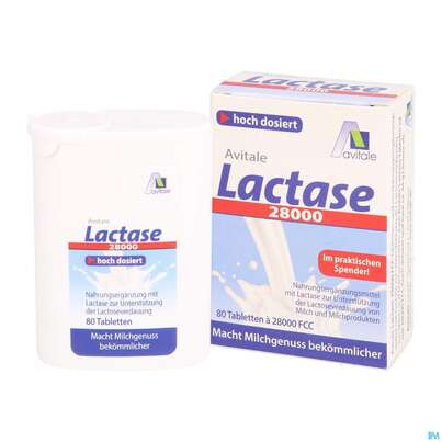 Sie sehen eine Packung Lactase Tabl 28.000 Fcc 80st, Produktbild: 04 Lactase Tabl 28.000 Fcc 80st, A-Nr.: 5296264 - 04