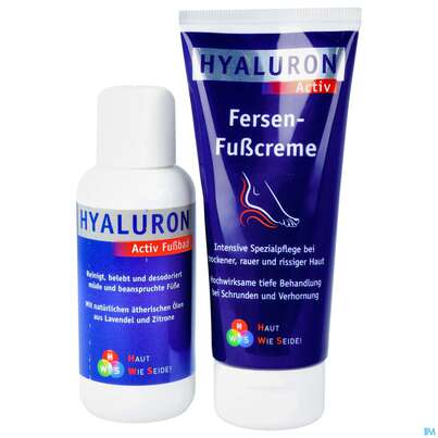 Sie sehen eine Packung Hyaluron Fersen-fuss Creme +magnesiumoelbad 100ml Aktio 100ml, Produktbild: 01 Hyaluron Fersen-fuss Creme +magnesiumoelbad 100ml Aktio 100ml, A-Nr.: 4355496 - 01