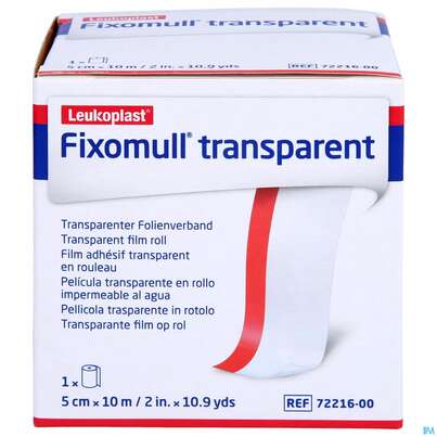 Sie sehen eine Packung Fixierbinden Fixomull Transparent Fixierverband Wasserfest 10mx 5cm 1st, Produktbild: 01 Fixierbinden Fixomull Transparent Fixierverband Wasserfest 10mx 5cm 1st, A-Nr.: 3048220 - 01