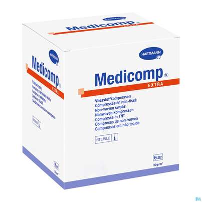 Sie sehen eine Packung Medicomp/extra Vliesstoff-kompressen 6fach/unsteril 10x 20cm 100st, Produktbild: 01 Medicomp/extra Vliesstoff-kompressen 6fach/unsteril 10x 20cm 100st, A-Nr.: 1652118 - 01