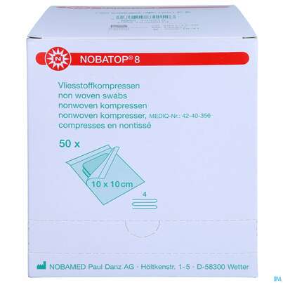 Sie sehen eine Packung Vlieskompressen Nobatop Steril 4fach 10x 10cm 50x2 100st, Produktbild: 01 Vlieskompressen Nobatop Steril 4fach 10x 10cm 50x2 100st, A-Nr.: 2336230 - 01