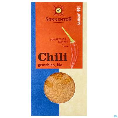 Sie sehen eine Packung Sonnentor Bio Chili Gemahlen 00354 40g, Produktbild: 01 Sonnentor Bio Chili Gemahlen 00354 40g, A-Nr.: 3739987 - 01