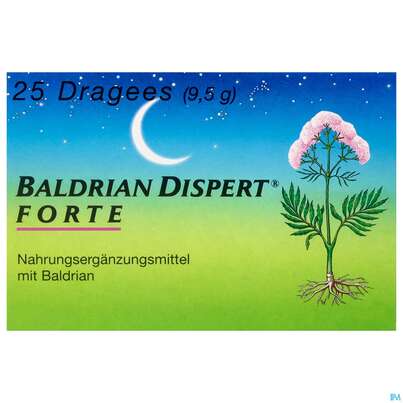 Sie sehen eine Packung Baldrian Dispert Forte Drag 25st, Produktbild: 01 Baldrian Dispert Forte Drag 25st, A-Nr.: 1257706 - 01