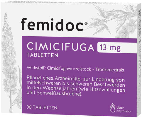 Sie sehen eine Packung femidoc CIMICIFUGA 13 mg Filmtabletten, Produktbild: 01 femidoc CIMICIFUGA 13 mg Filmtabletten, A-Nr.: 5533787 - 01
