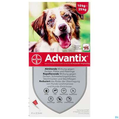 Sie sehen eine Packung Advantix Spot On F Hunde lösung Z.auftropfen Auf Die Haut Ueber 10-25kg 2,5ml 4st, Produktbild: 01 Advantix Spot On F Hunde lösung Z.auftropfen Auf Die Haut Ueber 10-25kg 2,5ml 4st, A-Nr.: 2454372 - 01