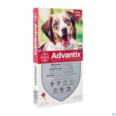 Sie sehen eine Packung Advantix Spot On F Hunde lösung Z.auftropfen Auf Die Haut Ueber 10-25kg 2,5ml 4st, Produktbild: 02 Advantix Spot On F Hunde lösung Z.auftropfen Auf Die Haut Ueber 10-25kg 2,5ml 4st, A-Nr.: 2454372 - 02