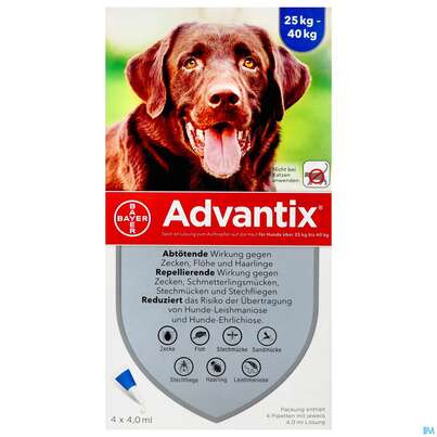 Sie sehen eine Packung Advantix Spot On F Hunde lösung Z.auftropfen Auf Die Haut Ueber 25kg 4,0ml 4st, Produktbild: 01 Advantix Spot On F Hunde lösung Z.auftropfen Auf Die Haut Ueber 25kg 4,0ml 4st, A-Nr.: 2454389 - 01