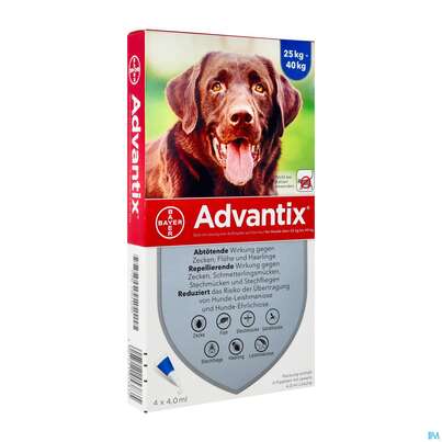 Sie sehen eine Packung Advantix Spot On F Hunde lösung Z.auftropfen Auf Die Haut Ueber 25kg 4,0ml 4st, Produktbild: 02 Advantix Spot On F Hunde lösung Z.auftropfen Auf Die Haut Ueber 25kg 4,0ml 4st, A-Nr.: 2454389 - 02
