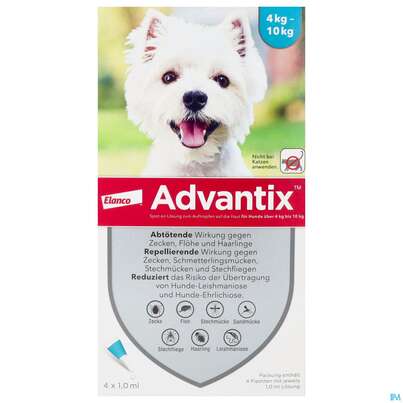 Sie sehen eine Packung Advantix Spot On F Hunde lösung Z.auftropfen Auf Die Haut Ueber 4-10kg 1,0ml 4st, Produktbild: 01 Advantix Spot On F Hunde lösung Z.auftropfen Auf Die Haut Ueber 4-10kg 1,0ml 4st, A-Nr.: 2454366 - 01
