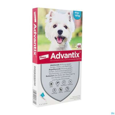 Sie sehen eine Packung Advantix Spot On F Hunde lösung Z.auftropfen Auf Die Haut Ueber 4-10kg 1,0ml 4st, Produktbild: 02 Advantix Spot On F Hunde lösung Z.auftropfen Auf Die Haut Ueber 4-10kg 1,0ml 4st, A-Nr.: 2454366 - 02
