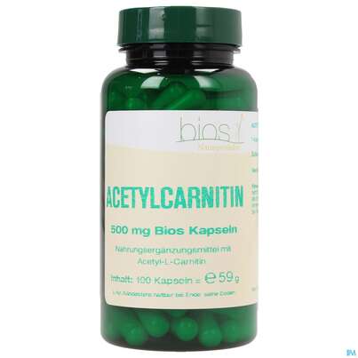 Sie sehen eine Packung Bios Acetylcarnitin 500mg 100 Kapseln, Produktbild: 02 Bios Acetylcarnitin 500mg 100 Kapseln, A-Nr.: 3992060 - 02